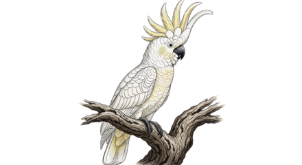 Illustration of a white cockatoo with a yellow crest perched on a branch, isolated on transparent background