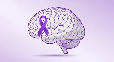 Human brain with purple ribbon on a light purple background, symbolizing awareness for epilepsy