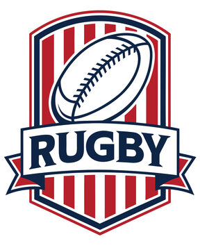 Rugby sport emblem with oval ball and red white blue stripes logo icon vector