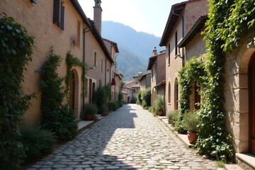 A quiet cobblestone road leading through a medieval village.