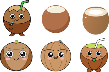 Coconut fruit cartoon flat color style vector illustration
