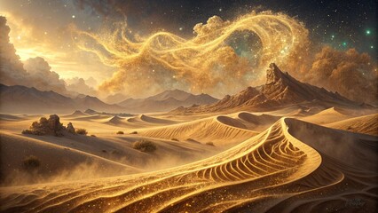 Golden Cosmic Winds Over Surreal Desert Dunes at Sunset
