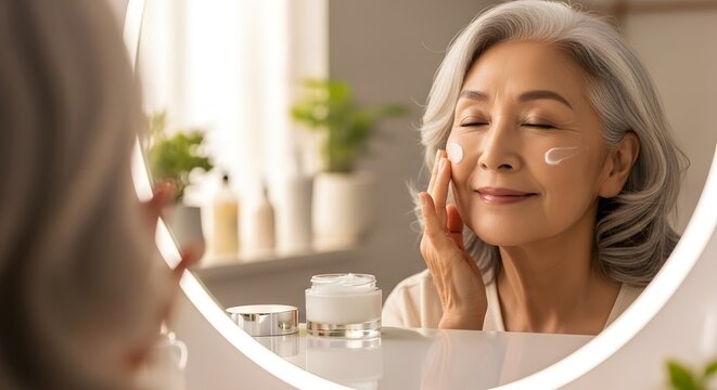 Serene Elderly Woman Smiling, Enjoying Nature Outdoors, Looking Up