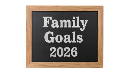 Obraz premium Chalkboard with family goals 2026 written in white text, wooden frame, planning, motivation, future vision, organization