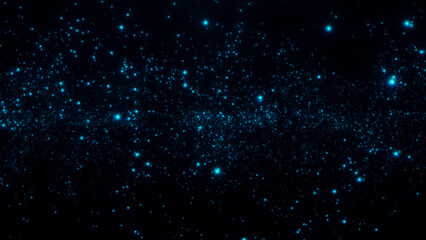 Obraz premium Background of numerous small, glowing blue lights scattered across a dark background, creating an effect reminiscent of stars in the night sky or particles in deep space.