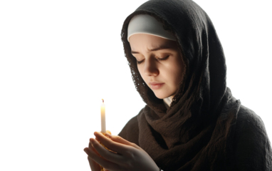 Religious woman in Orthodox habit performing sacred ritual by lighting a candle for worship isolated on transparent background PNG