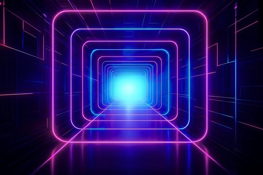 Abstract background of futuristic tunnel with bright neon lights created with generative AI technology