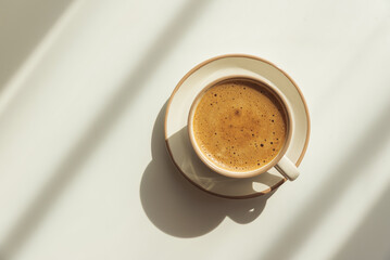 Minimalist Coffee Cup with Crema on Light Wooden Table under Sun Light