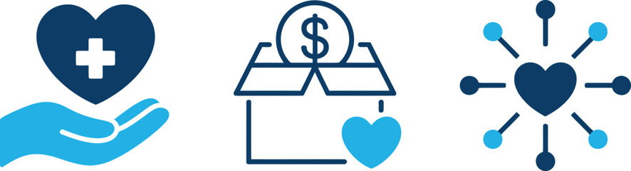 Obraz premium Vector art of set of three icons representing charity, donation, and community support