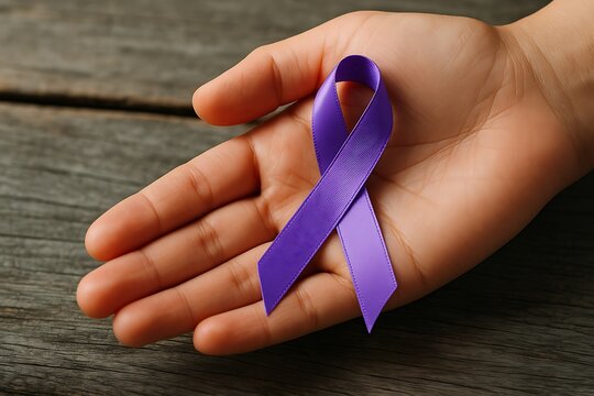 Hand Holding a Purple Awareness Ribbon on Wooden Background.