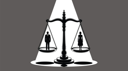Achieve gender equality with scales of justice balancing man and woman silhouettes, promoting diversity, fairness, inclusion, and equal opportunity