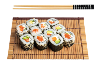 Sushi roll set on bamboo mat isolated on transparent background, japanese cuisine