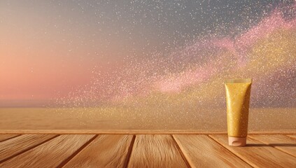 A golden tube of skincare product sits on a wooden surface, against a backdrop of shimmering gold and pink sparkles.