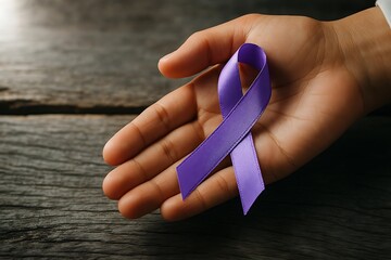 Hand holding a purple ribbon for cancer and disease awareness.