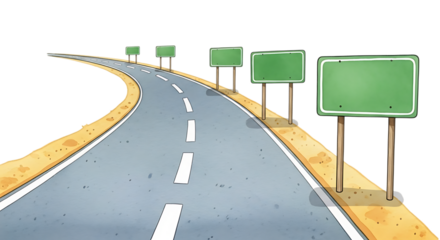 Illustration of empty green road signs on a winding road isolated on transparent background