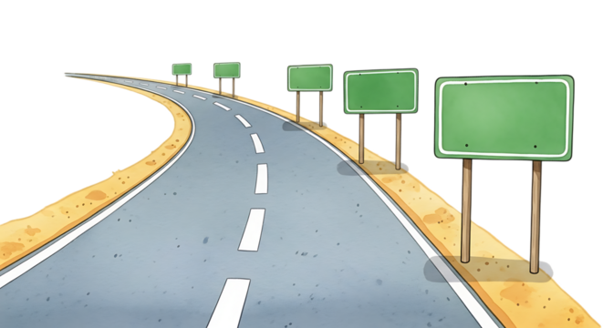 Illustration of empty green road signs on a winding road isolated on transparent background - Powered by Adobe