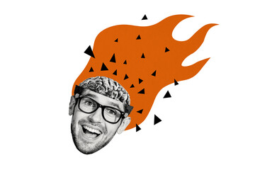 Composite creative art collage of astonished man cut head brain fire deadline migraine neurons cortex isolated on painted background