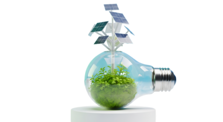 Illustration of light bulb with solar panels and green plant inside isolated on transparent background