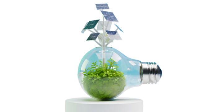 Illustration of light bulb with solar panels and green plant inside isolated on transparent background - Powered by Adobe