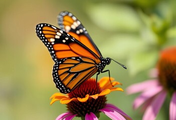 Obraz premium Close-up of vibrant monarch butterfly on flower, lepidoptera, flora