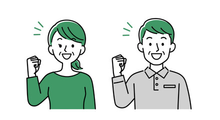 Smiling senior Asian couple in a vibrant vector illustration, raising their fists in a gesture of encouragement, celebrating success, confidence, and a positive outlook on life and achievement