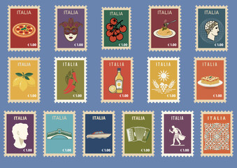 ITALIAN CUISINE AND TRAVEL THEME POSTAGE STAMPS: Modern Vector Graphic Collection Asset Featuring Iconic Food, Limoncello, tomatoes, peppers, Pasta, Venetian Masks, Historical Landmarks, and more