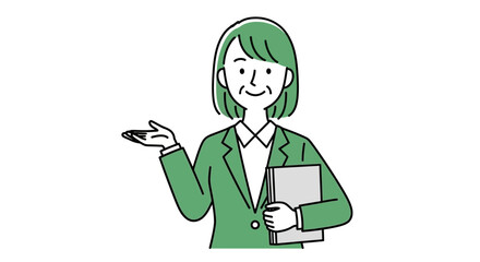 Professional Senior Woman in Business Attire Presenting Information with a Welcoming Gesture, Holding a Document Folder