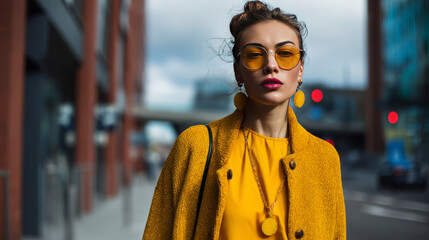 Stylish female in mustard coat and yellow accessories poses in a vibrant city scene, reflecting urban fashion and emotional expression