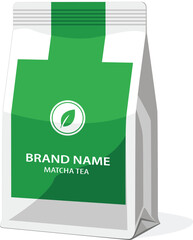 A white pouch with a green label promoting matcha tea and a leaf logo.