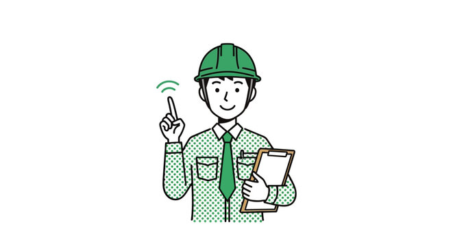 Dedicated construction professional wearing a safety helmet and uniform, pointing skyward with a clipboard, symbolizing new ideas, instructions, or important project information and expert guidance 