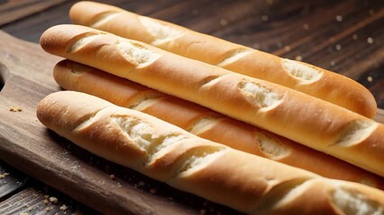 Golden brown mini baguettes with a crisp crust resting on a dark rustic wooden cutting board - Powered by Adobe