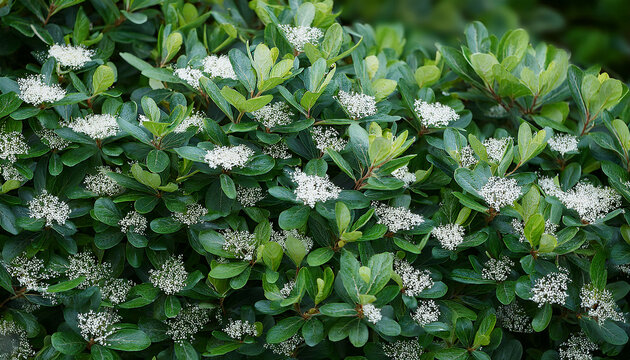 Dense Green Cotoneaster Foliage Covered With Tiny White Blossoms