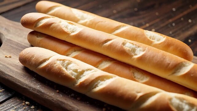 Golden brown mini baguettes with a crisp crust resting on a dark rustic wooden cutting board 