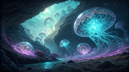 Alien Bioluminescent Jellyfish Floating Through a Surreal Cave Realm