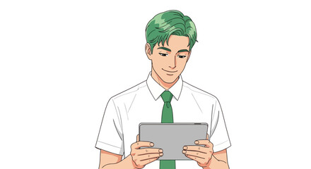 Fototapeta premium Engaged young professional with stylish green hair immersed in digital content on a tablet, showcasing focus and modern connectivity in a technology-driven lifestyle