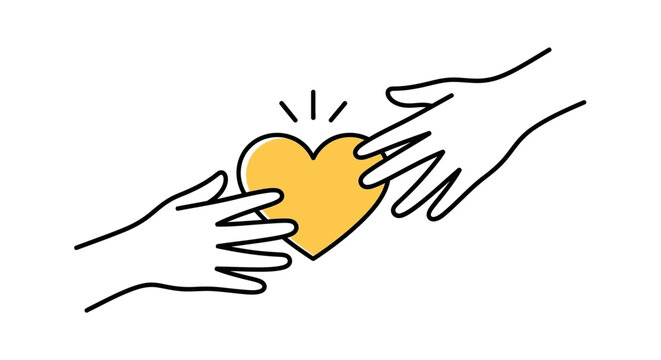 Two hands connect over a glowing heart, symbolizing love, care, and the act of giving or receiving compassion and support in human relationships