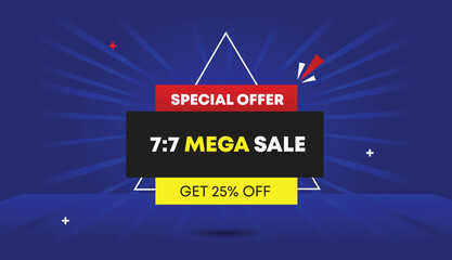 7 to 7 mega sale special offer get 25 percent off editable web banner vector art template design badge icon label black gray yellow red gradient shapes blue light sun shine abstract business deal