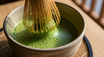 Matcha Ceremony: Whisking Vibrant Green Tea for Ritualistic Practice and Preparation