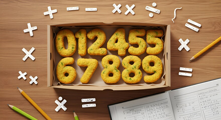 Mathematical Baked Numbers Composition In Wooden Box With Pencils And Notebook