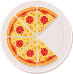 Vector illustration of a pizza cut into six slices, with one slice missing, on a white plate.