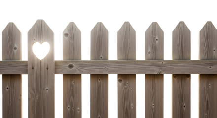 Illustration of weathered wooden picket fence with a heartshaped cutout, isolated on transparent background