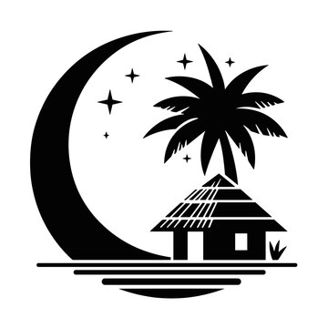 Tropical beach night scene with a house, palm tree, moon, and stars, black silhouette style, transparent background