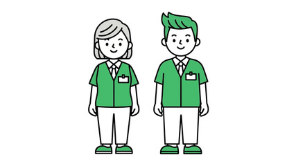 Friendly and approachable professional team members, a man and a woman in clean green uniforms, symbolizing dedicated service, collaboration, and a positive work environment