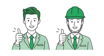 Confident male professionals, one wearing a hard hat, both in green suits and ties, giving a thumbs-up gesture to symbolize approval, success, and positive service