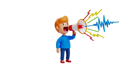 A man shouting into a megaphone isolated on transparent background, conveying a message with emphasis, urgency, and widespread communication