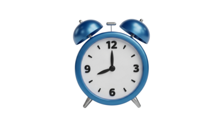 Blue alarm clock isolated on transparent background showing eight oclock, a classic timekeeping device with a retro design and bell on top