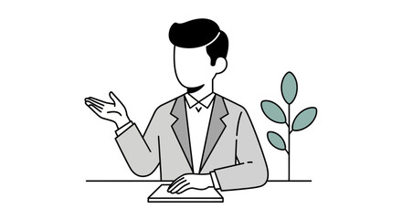 Professional man in a suit at a desk, gesturing while discussing, presenting, or providing guidance in a corporate or business setting, depicted in a clean line art style
