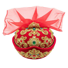 Elaborate red ceremonial hat with gold embroidery and pink veil intricate headwear detail
