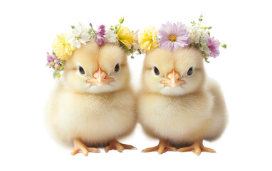 Cute Easter chicks with decorative flower crowns for holiday and springtime illustration isolated on transparent background PNG