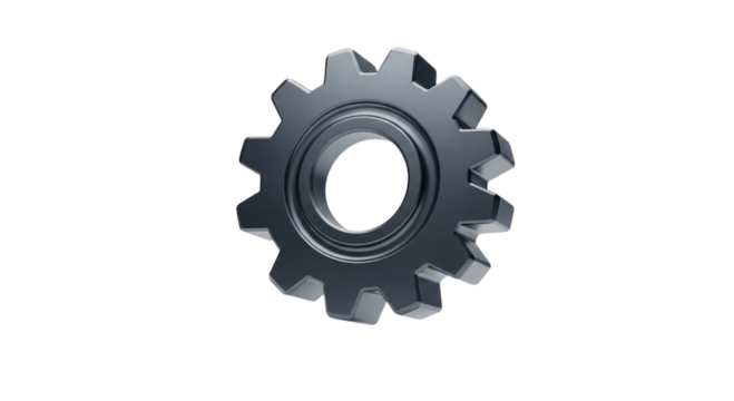 A sleek, metallic gear, isolated on transparent background, representing mechanical precision, industrial engineering, and the intricate workings of machinery